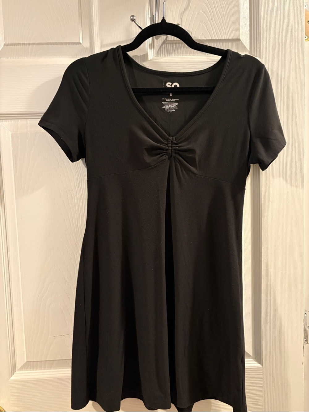 SO Black Short-Sleeve V-Neck Mini Dress with Front Gather